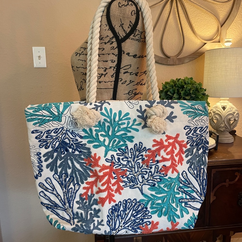 New Coral & Coastal Pattern Hand Beaded Large Beach Tote Bag